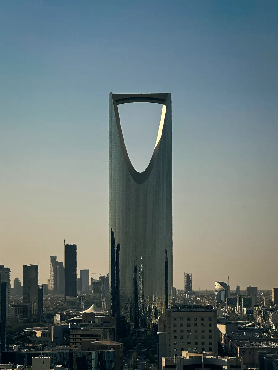 The Riyadh skyline at dusk.